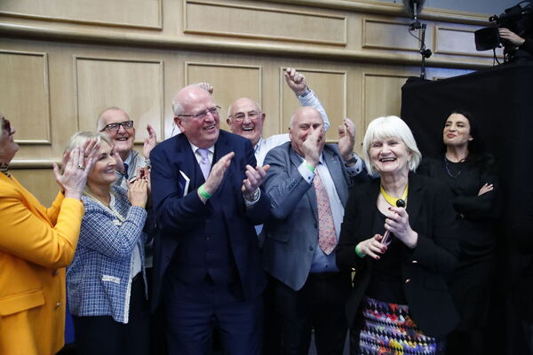 Senator Michael McDowell (centre left) with No campaigners celebrate at Dublin Castle as the result is announced in the first of the twin referenda to change the Constitution on family and care. Ireland has voted to reject the Government's proposal to change the constitution on family, with 67% of people voting against the amendment. Picture date: Saturday March 9, 2024. Photo credit: Damien Storan/PA Wire Senator Michael McDowell (centre left) with No campaigners celebrate at Dublin Castle as the result is announced in the first of the twin referenda to change the Constitution on family and care. Ireland has voted to reject the Government's proposal to change the constitution on family, with 67% of people voting against the amendment. Picture date: Saturday March 9, 2024. Photo credit: Damien Storan/PA Wire