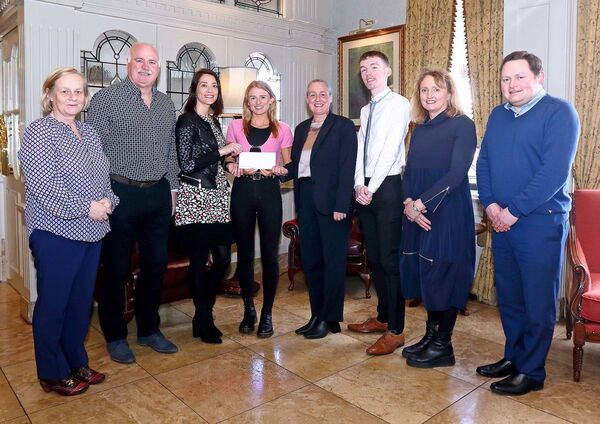 Kate Veale is the February winner of the Waterford Sports Awards in association with WLR FM and the Granville Hotel and she is pictured receiving her prize from Paula O’Gorman, WLR and Jackie Cusack, Granville Hotel, also included were the Waterford Sports Awards judges, Catherine Power, Ray Scott, Jordan Norris, Bríd Golden and Tomás McCarthy. Photos: Noel Browne.