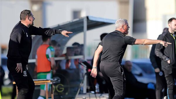 Waterford FC manager Keith Long and assistant David Breen both pointing the way for Waterford FC during the second-half. Waterford FC manager Keith Long and assistant David Breen both pointing the way for Waterford FC during the second-half.