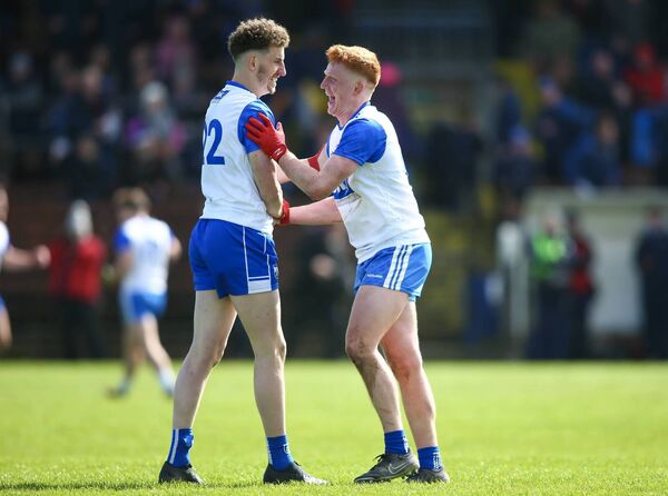 Waterford’s James Walsh and Willie Beresford celebrate at the final whistle. 