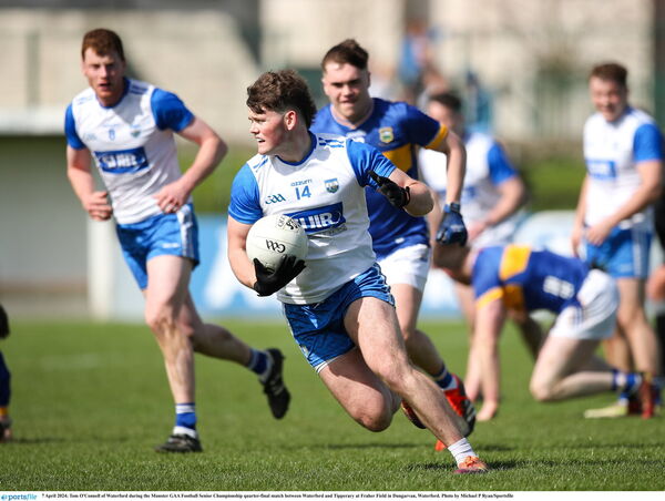 7 April 2024; Tom O'Connell of Waterford during the Munster GAA Football Senior Championship quarter-final match between Waterford and Tipperary at Fraher Field in Dungarvan, Waterford. Photo by Michael P Ryan/Sportsfile 7 April 2024; Tom O'Connell of Waterford during the Munster GAA Football Senior Championship quarter-final match between Waterford and Tipperary at Fraher Field in Dungarvan, Waterford. Photo by Michael P Ryan/Sportsfile
