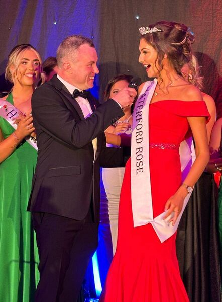 Conor Halpin and Waterford's newest Rose, Abby Walsh (sponsored by Andrea Toner and Fiona Marsh from SmartMove Properties) on stage at the Waterford Rose Selection 2024 in the Tower Hotel on Friday, April 5.