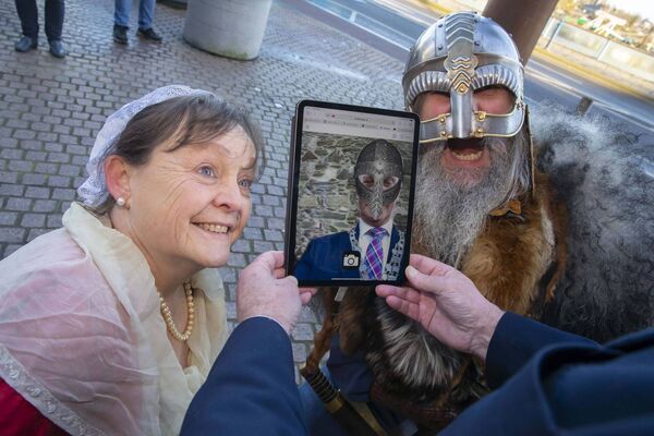 Anastasia Fleming, an 18th Century silversmith, and Odin Lord of Valhalla with then Mayor of Waterford City and County, Cllr. John O’Leary the launch of the Waterford Digital Story Trail in February 2023