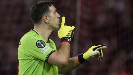 Emiliano Martinez banned for first leg of Villa’s semi-final against Olympiacos