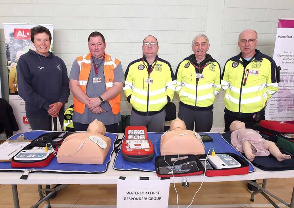 Shirley Moore pictured with Waterford First Responders Group members Trevor Byrne, Mervyn Marshall, Ollie Stapleton and Thomas Brown.