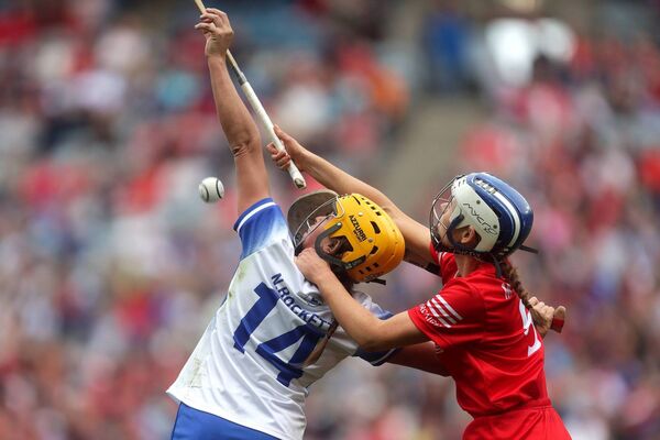 Waterford's Niamh Rockett and Meabh Cahalane of Cork battling it out last year in Croke Park. They meet again on Sunday in Thurles.