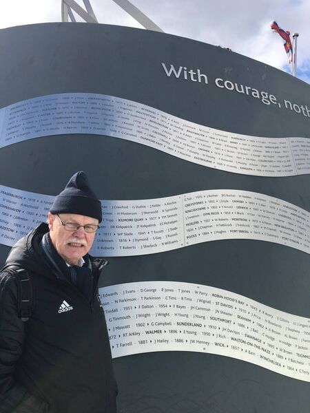 David Carroll at the memorial at the RNLI HQ in Dorset, UK, which is where he first came across the names of John Fitzgerald and Thomas Crotty. Photo: Brendan Dunne David Carroll at the memorial at the RNLI HQ in Dorset, UK, which is where he first came across the names of John Fitzgerald and Thomas Crotty. Photo: Brendan Dunne
