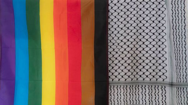 LGBT flag along with Palestinian Keffiyeh (kufiyya, ghutrah, shemagh), the symbol of LGBTQ movement and Palestine resistance movement.