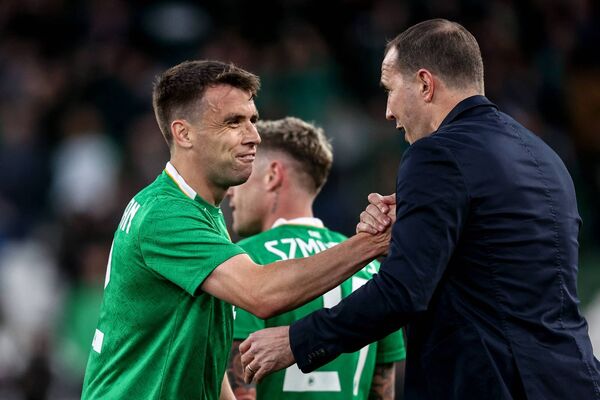 Ireland's Seamus Coleman celebrates after the final whistle with Interim Manager John O’Shea.