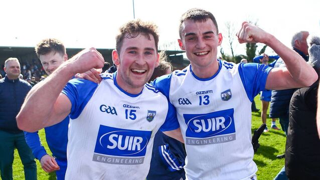 <p>Waterford’s James Power and Stephen Curry after the Déise footballers' Munster SFC win over Tipperary. On Saturday last they followed that up with a Tailteann Cup win over Longford. Photo: Inpho/Ken Sutton.</p>