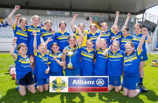 The Butlerstown players celebrate after winning their Allianz Roinn A Camogie Final against Ballygunner in Walsh Park. Photos: Maurice Hennebry.