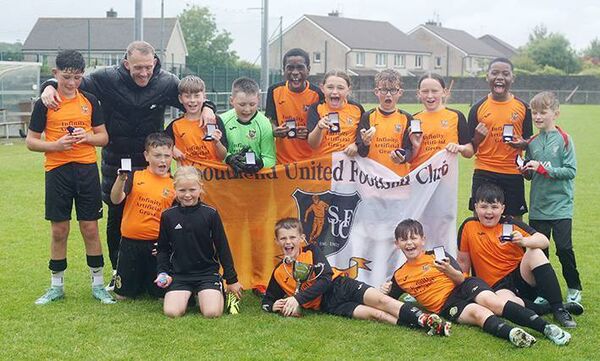 Southend United celebrate winning the U-11A Jim O'Shea Cup after defeating Waterford Crystal at Graun Park on Saturday. Photos: Paul Elliott.