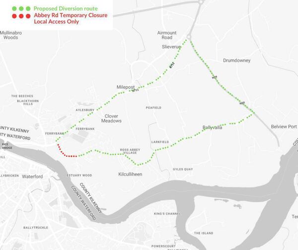 A drawing of proposed diversion routes circulated by Waterford City and County Council as the road closure for Abbey Road was recently announced. 