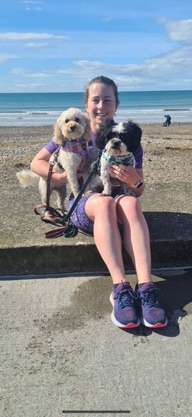 Zoe pictured after completing the Tramore Park Run with her dogs Mylo and Callie Zoe pictured after completing the Tramore Park Run with her dogs Mylo and Callie