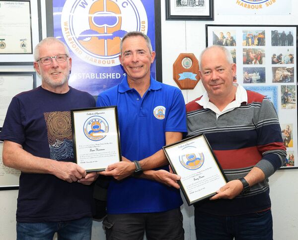 Eoin O'Regan presented certificates to Liam Harrison and Tony Power at the Waterford Harbour Sub Aqua Club 6oth Anniversary evening. Eoin O'Regan presented certificates to Liam Harrison and Tony Power at the Waterford Harbour Sub Aqua Club 6oth Anniversary evening.
