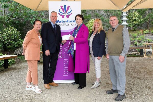 Agnes Aylward, Chairperson of the Lafcadio Hearn Japanese Gardens accepts sponsorship for the inaugural Sean Dunne Poetry Award from Tim O'Byrne, Waterford Credit Union, also included were Janet Carey, Managing Media Director, Lafcadio Hearn Japanese Gardens, Ger Duffy, Organiser, Sean Dunne Literary Weekend, and Thomas McCarthy, Judge.