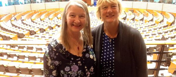 Maolíosa Ní Chleirigh pictured with former MEP and fellow Green Party member Grace O'Sullivan at the EU Parliament.