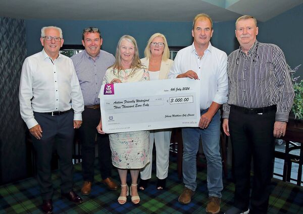 Frances Jacob and Maolíosa Ní Chléirigh from Autism Friendly Waterford accepting a cheque for €3,000 from the organisers of the Johnny Matthews Golf Classic, included were Cllr.Joe Kelly, Metropolitan Mayor, Tony O’Neill, Jim Kealy and sponsor John O’Donohoe.