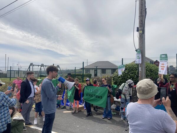 Michael Sheehan, CATU Munster Organiser, addressing crowds outside Ocean View House, Tramore