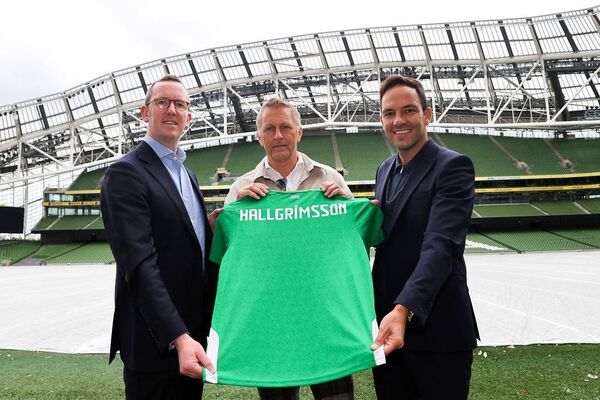 Republic of Ireland Unveil New Manager Heimir Hallgrímsson at the Aviva Stadium with FAI Interim CEO David Courell and FAI Director of Football Marc Canham. 