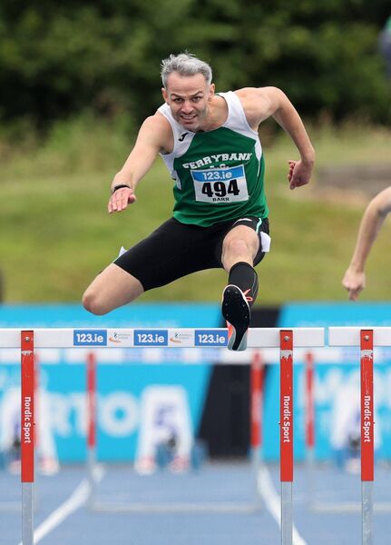 Thomas Barr on his way to winning his 12th National Men's 400m Hurdles title in Santry. 