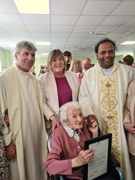 Fr Liam Callaghan, Minister Mary Butler TD, Teresa O'Connor and Fr Frances PP