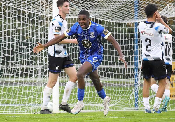 Romeo Akachukwu celebrates scoring a hat-trick for Waterford FC in their playoff win over Athlone Town. Photo: Noel Browne. Romeo Akachukwu celebrates scoring a hat-trick for Waterford FC in their playoff win over Athlone Town. Photo: Noel Browne.