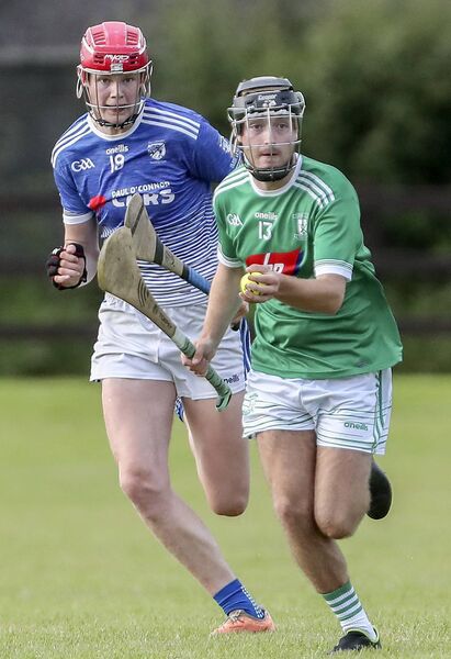 Ferrybank's Shane Oates with the sliothar ahead of Fourmilewater's Patrick Walsh. 