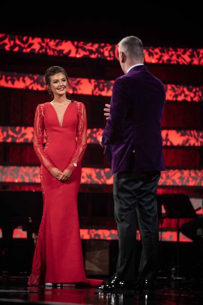 Waterford Rose Abby Walsh pictured on stage at the Kerry Sports Academy, MTU with Dáithí Ó Sé during the Rose of Tralee International Festival TV Rose Selection night on August 19. Photo: Domnick Walsh Eye Focus Ltd