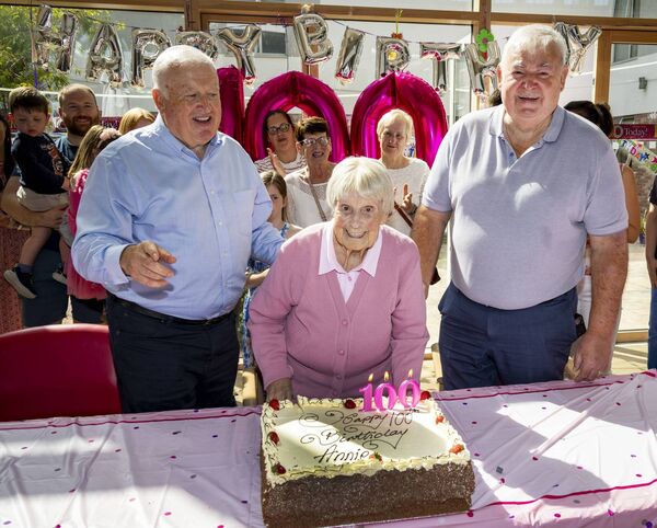 Annie Kelly from Hennessy's Road who celebrated her 100th birthday with family and friends at Waterford Community Care, also included are two of Annie's sons Bernard and Kevin. Photo: Joe Evans
