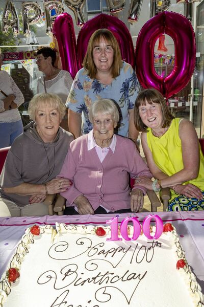 Annie Kelly from Hennessy's Road who celebrated her 100th birthday with family and friends at Waterford Community Care, pictured with Annie are sisters, Pat, Ber and Dor, with were Annie's neighbours on Hennessy's Road. Photo: Joe Evans