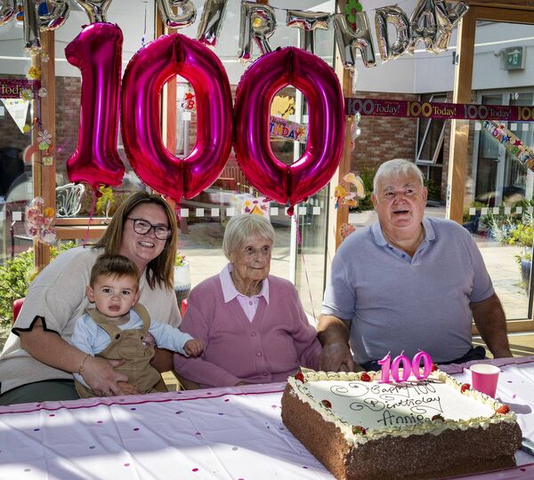 Annie Kelly from Hennessy's Road who celebrated her 100th birthday with family and friends at Waterford Community Care, four generations, Teddy, Caroline, Annie and Kevin. Photo: Joe Evans