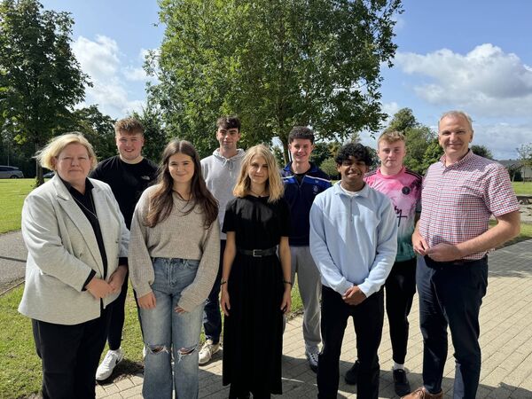 Principal, Michelle Jefford and Deputy Principal, Colm Rice pictured with Jamie Aldridge, Annabelle Walsh, Jamie Wells, Gabriela Przybylo, Sean Byrne, Athul Andrews and John Rellis 