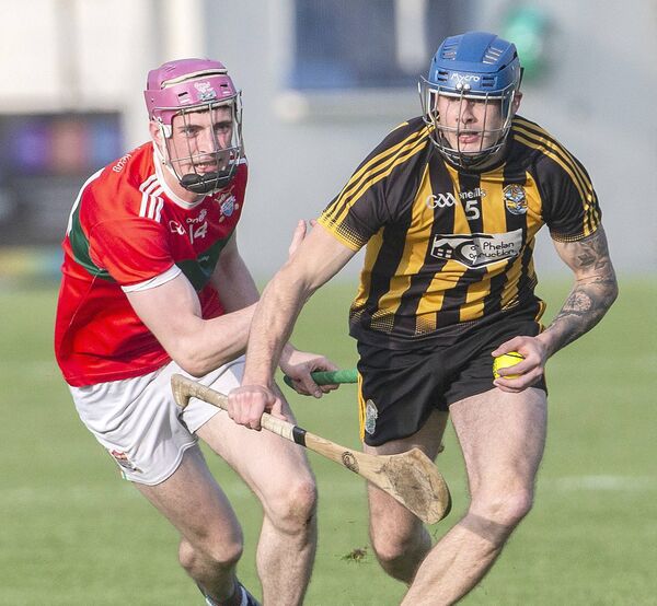 Brickeys Mark Cummins with the sliothar against Clashmore's Josh Fitzgerald during the Co.Premier Intermediate Hurling Final in Fraher Field. Photo Sean Byrne