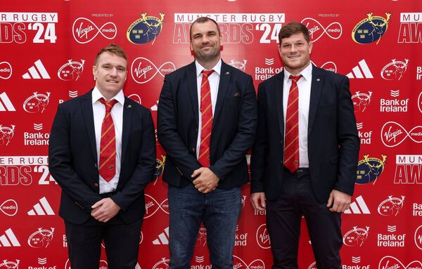 Pictured is Rory Scannell, Tadhg Beirne and Jack O’Donoghue at 2024 Munster Rugby Awards, presented by Virgin Media.