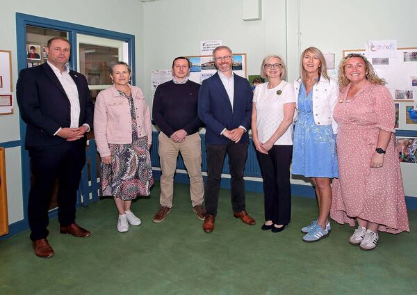 Roderic O'Gorman TD, Minister for Children, Equality, Disability, Integration and Youth, Marc Ó Cathasaigh TD, Rose Murphy, Waterford Childcare Centre Board, Peter Windle, Waterford Childcare Centre Board, Majella Cantwell, Manager, Waterford Childcare Centre, Sinead Guiry and Leighanne Walsh. Photo: Noel Browne