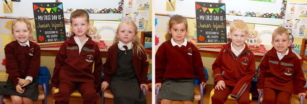  Franki, Charlie and Esme, (left), and Evie, Oisin and Max, (right), who started school at Butlerstown NS.