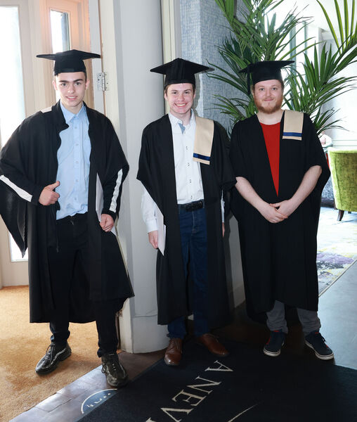  Jacob Byrne, Malachy MacNeill and Nathan Roche, Computer Systens &amp; Networks, at the Tower Hotel for the Waterford College of Further Education, Graduation &amp; Awards Ceremony. Photo: Joe Evans