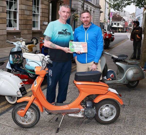 Damien Nolan presented the Best Vintage award to Barry Beowne, at the Phoenix Yard Market/Kickstart Scooter Club, Custom and Classic Scooter Show. Photo: Joe Evans