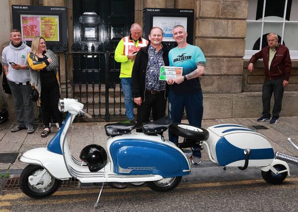 Damien Nolan presented the Best Restord award to Ray Kavanagh, at the Phoenix Yard Market/Kickstart Scooter Club, Custom and Classic Scooter Show. Photo: Joe Evans