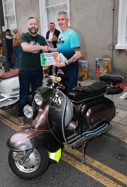 Damien Nolan, presented the Best Lambretta award to Barry Mullan, at the Phoenix Yard Market/Kickstart Scooter Club, Custom and Classic Scooter Show. Photo: Joe Evans