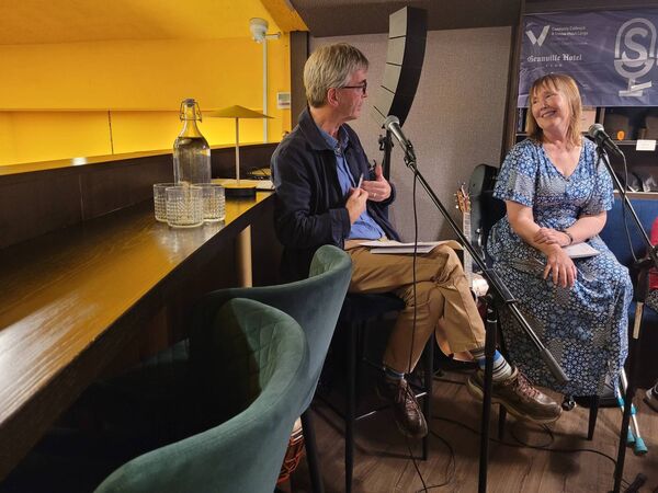 Frank Farrelly chats to poet Katie Donovan, special guest at SpeakEasy, in The Book Centre on Culture Night.