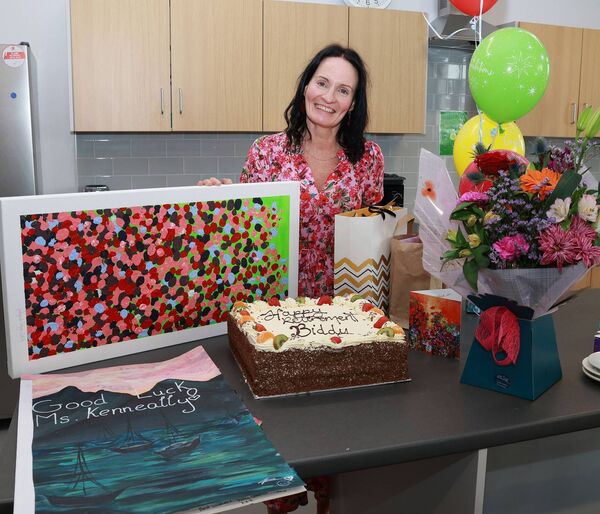 Teacher Bríd Kenneally pictured at the surprise farewell party for her at Waterpark College.