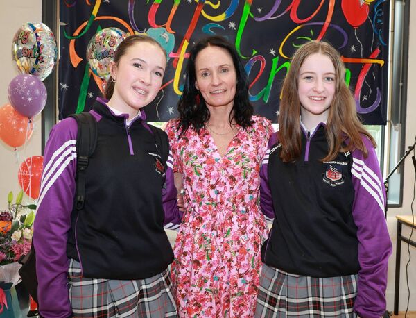Anna, Ms Kenneally and Aoife, at Waterpark College for the surprise farewell.