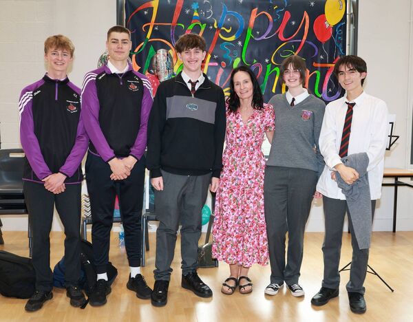 Sixth year students with Ms Kenneally at Waterpark College for the surprise farewell.