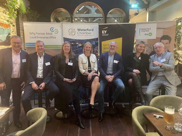Economist Jim Power pictured with the panel of speakers, including Jean McCabe, Retail Excellence Ireland; Sean McKeown, Chief Executive, Waterford Council; Prof Veronica Campbell, President SETU; Ronan Mulligan, Mulligans Pharmacy; Collette Devey, EY and Fergal Doyle, Arboretum Home &amp; Garden Heaven and Retail Excellence Ireland. 