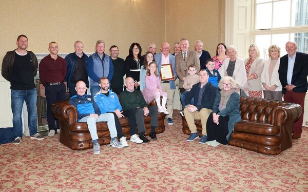 Pictured at City Hall where a Mayoral Reception was held for Johnny Keegan by Mayor of Waterford City &amp; County Cllr Jason Murphy, in recognition of his unwavering commitment and service to Hibernian FC since 1970.