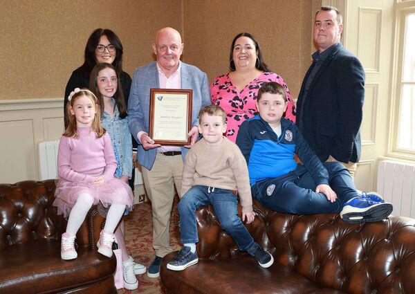 Pictured at City Hall where a Mayoral Reception was held for Johnny Keegan by Mayor of Waterford City &amp; County Cllr Jason Murphy, in recognition of his unwavering commitment and service to Hibernian FC since 1970, Johnny is pictured here with his children, Amy, Laura and Gary and grandchildren, Sadie, Molly, Con and Paul. 