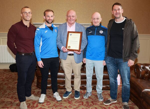 David Cooley, Johnny St Ledger, Johnny Keegan, Brian O'Keeffe and David Breen, Pictured at City Hall where a Mayoral Reception was held for Johnny Keegan by Mayor of Waterford City &amp; County Cllr Jason Murphy, in recognition of his unwavering commitment and service to Hibernian FC since 1970. 
