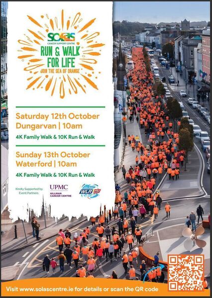The Run and Walk for Life takes place in Dungarvan on Saturday, October, 12, and Waterford City on Sunday, October 13.
